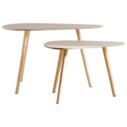 Two wooden nesting tables on a transparent background
