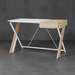 Modern desk with white top and wooden legs on a dark gray background