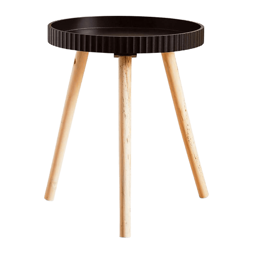 Small round table with black top and wooden legs on a transparent background