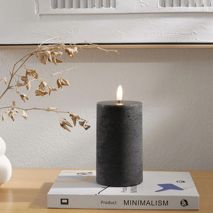 Majestic Led Wax Pillar Candle With Rustic Surface 7.5X12.5cm - Matt Black