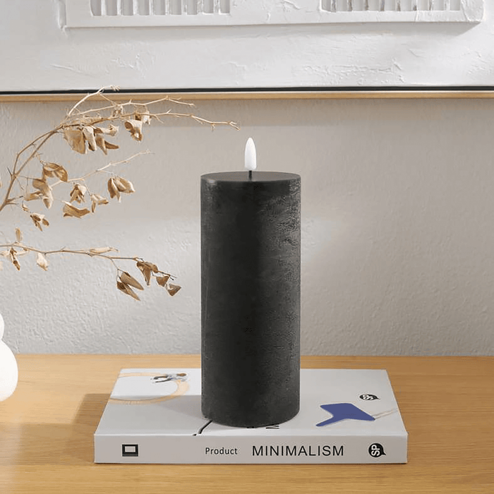 Majestic Led Wax Pillar Candle With Rustic Surface 7.5X17.5cm - Matt Black
