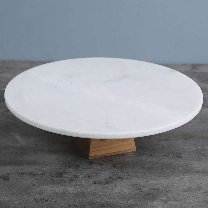 Marble Cake Stand With Bamboo Base - White Natural