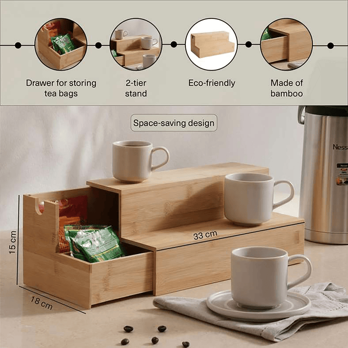 Natura Bamboo Mug Stand With Tea Bag Coffee Capsule Storage 15Cm - Natural