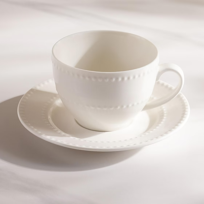 Perlee Beaded New Bone China Tea Cup Saucer 220Ml - White