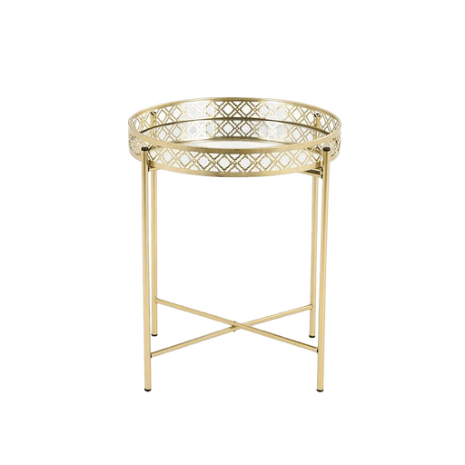 Gold lattice side table with glass top on a transparent background