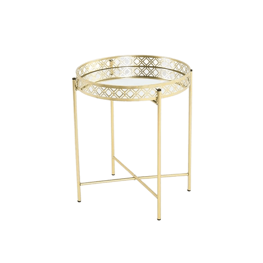 Round metal tray table with decorative lattice design on a transparent background