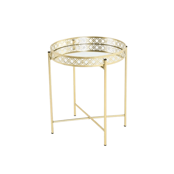 Round metal tray table with decorative lattice design on a transparent background