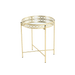 Round metal tray table with decorative lattice design on a transparent background