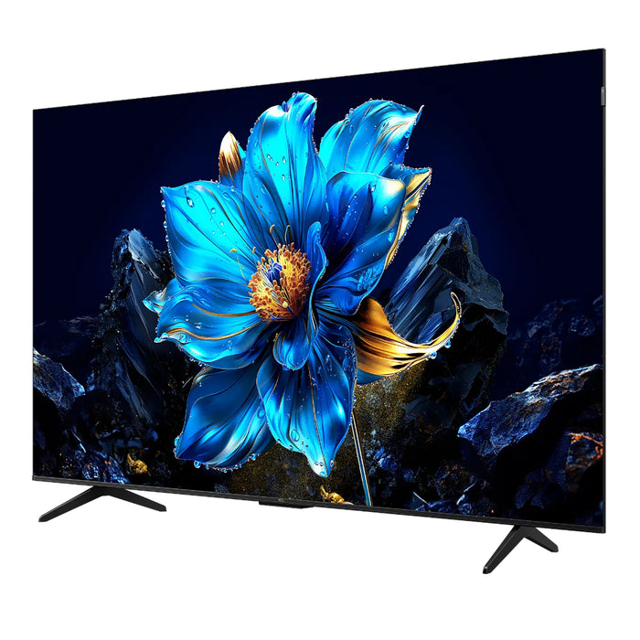 Television displaying a blue flower on a dark background