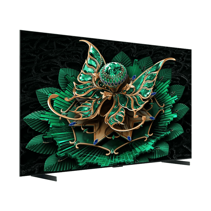 Television displaying a green and gold dragon design on a black background