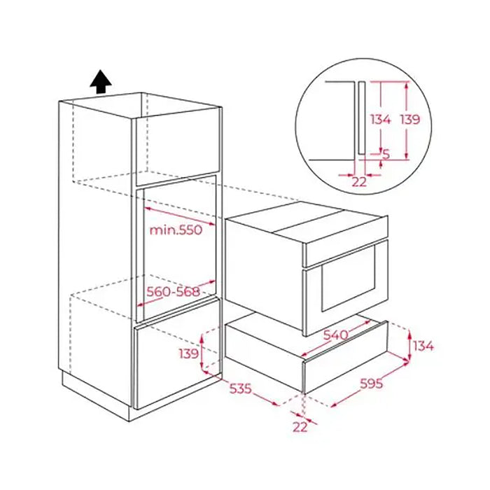 Technical drawing of a kitchen cabinet with dimensions labeled