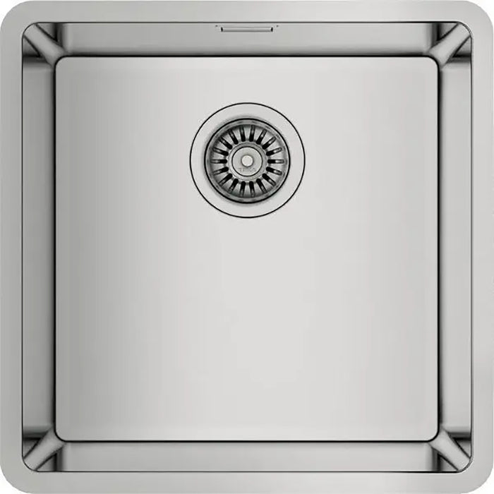 Stainless steel kitchen sink with drainboard on a white background