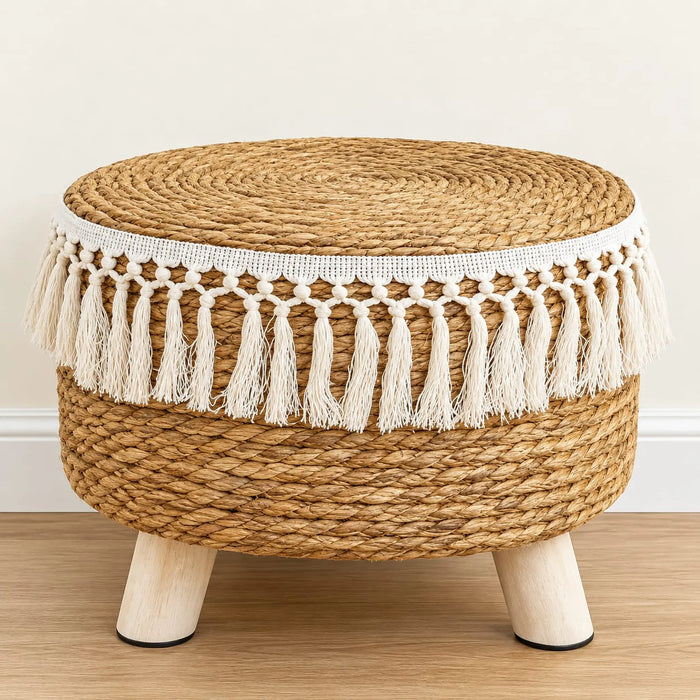 Handwoven Accent Stool with Tassel Detail – Natural & White
