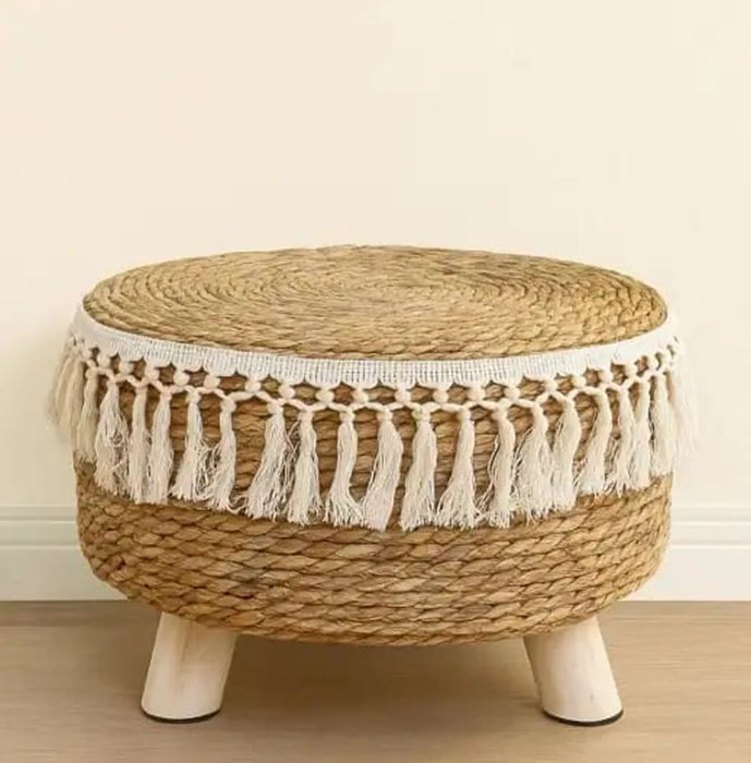 Handwoven Accent Stool with Tassel Detail – Natural & White