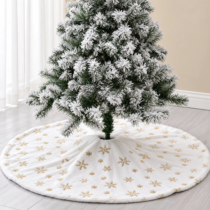 White Christmas Tree Skirt with Gold Snowflakes