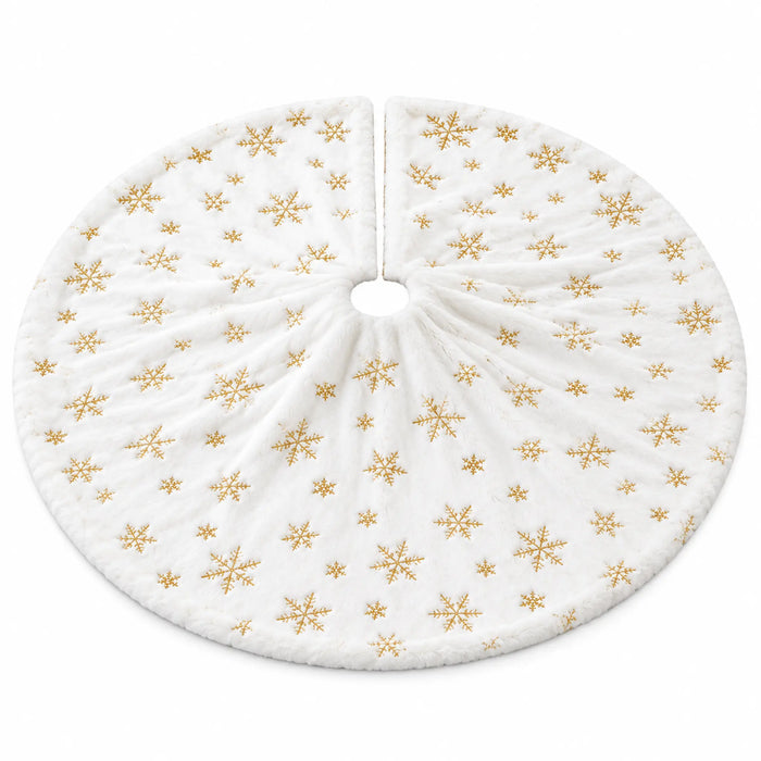 White Christmas Tree Skirt with Gold Snowflakes