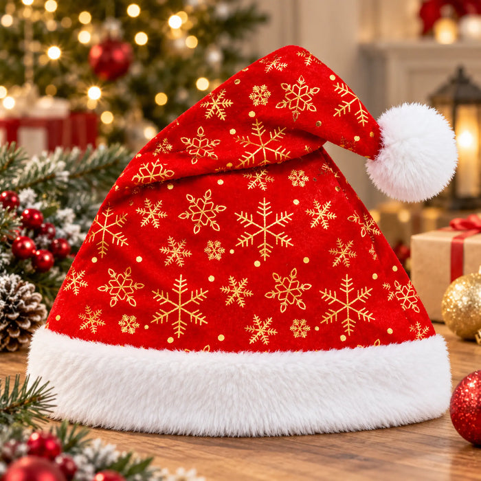 Red Santa Hat with Gold Snowflake Print