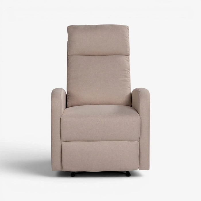A high-back upholstered recliner chair in a light taupe beige fabric, shown from the front against a plain white studio background.