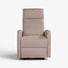 A high-back upholstered recliner chair in a light taupe beige fabric, shown from the front against a plain white studio background.
