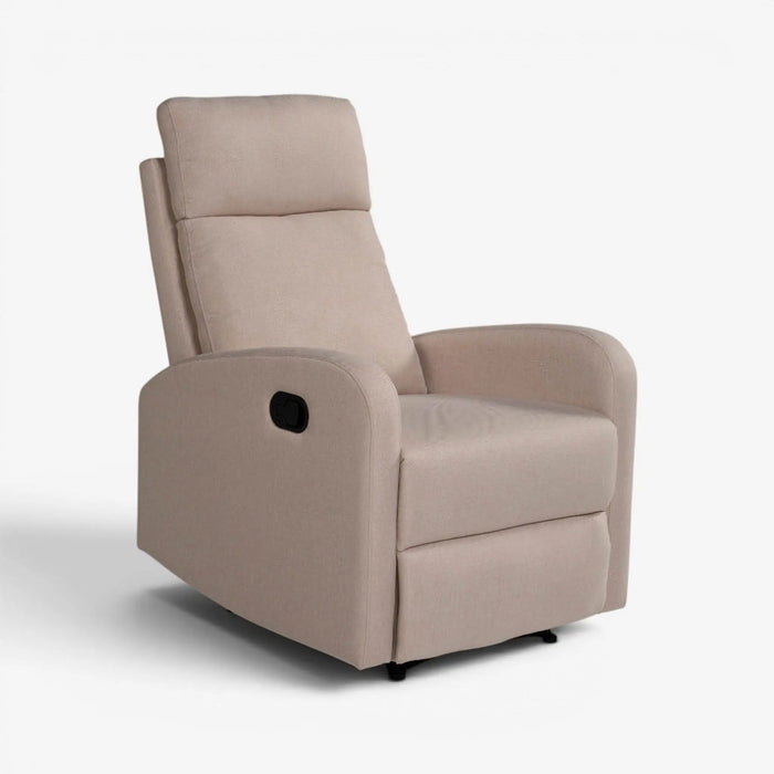 A beige upholstered recliner chair with a high back, padded armrests, and a small black circular control cutout on the outer side, shown on a light gray studio background.