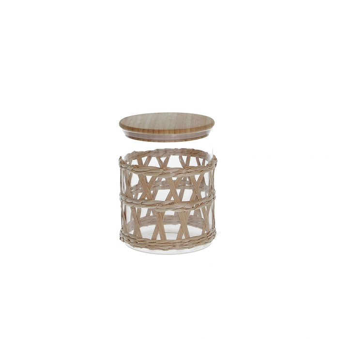 Wicker side table with round top and cylindrical base on a white background