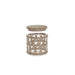 Wicker side table with round top and cylindrical base on a white background