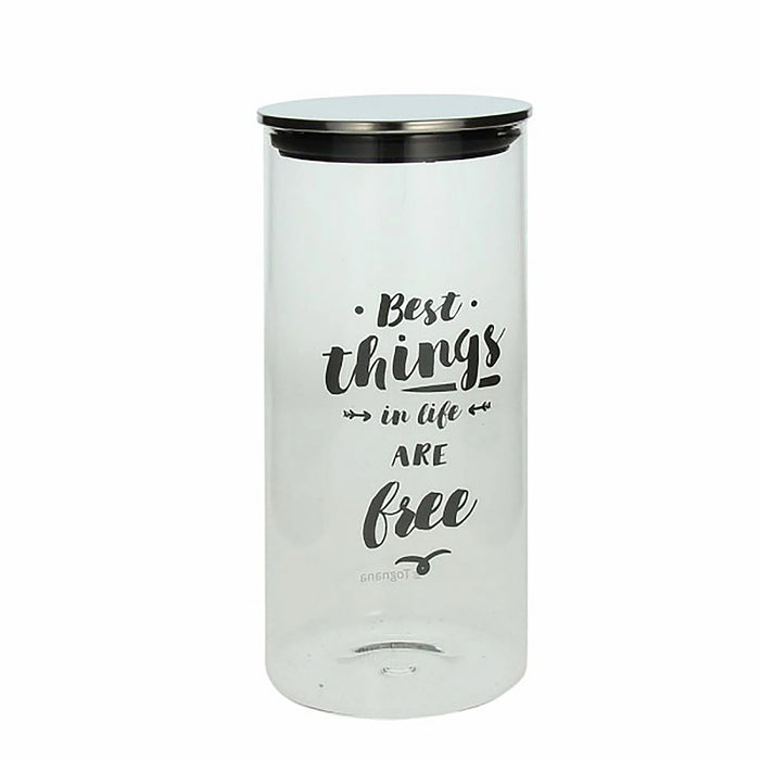 Clear tumbler with black text and lid on a white background