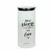 Clear tumbler with black text and lid on a white background