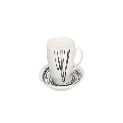 White mug with black abstract design on a matching saucer on a white background