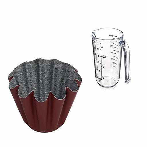 Red and gray textured container and clear measuring cup on a white background
