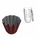 Red and gray textured container and clear measuring cup on a white background
