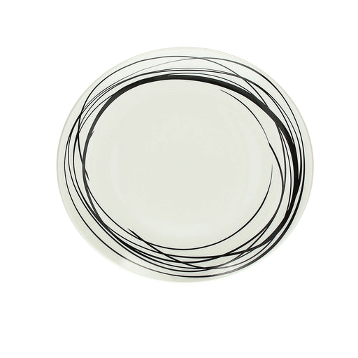 Round ceramic plate with black concentric circle design on a white background
