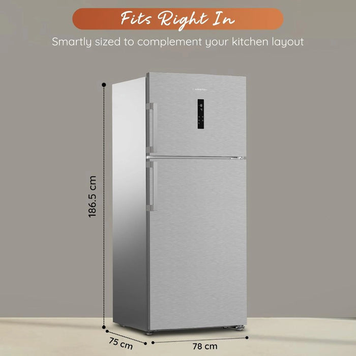 Ariston 557L Gross 405L Net Double Door Freezer Top Refrigerator| Inverter Compressor | No Frost Technology | LED Display | Glass Shelves | Titanium Inox | ART78F6593XME