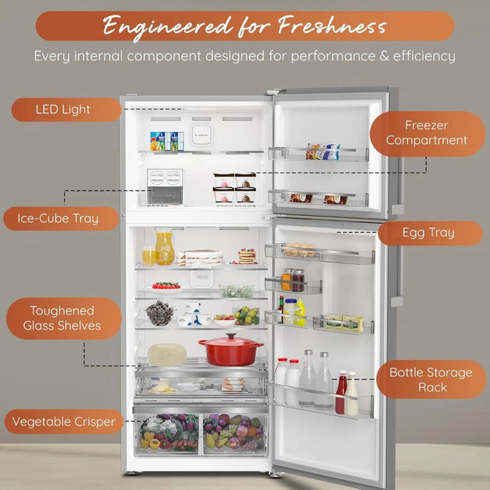 Ariston 557L Gross 405L Net Double Door Freezer Top Refrigerator| Inverter Compressor | No Frost Technology | LED Display | Glass Shelves | Titanium Inox | ART78F6593XME