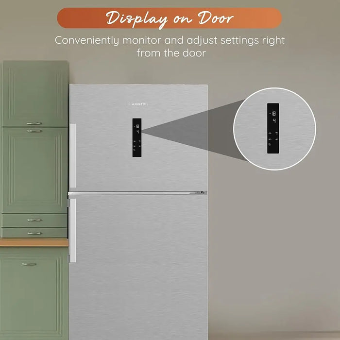 Ariston 557L Gross 405L Net Double Door Freezer Top Refrigerator| Inverter Compressor | No Frost Technology | LED Display | Glass Shelves | Titanium Inox | ART78F6593XME