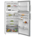 Stainless steel refrigerator with open doors displaying various food items on a white background