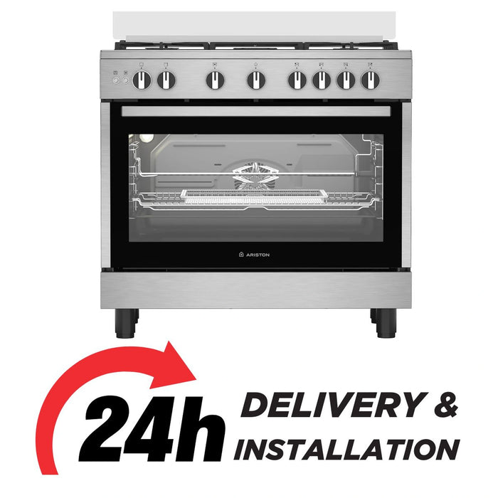 Ariston 90CM Gas Cooker | 5 Burners | Built-in Air Fryer | Self-Cleaning | Auto Ignition | Cast Iron Support | ARR9GGF23129XME