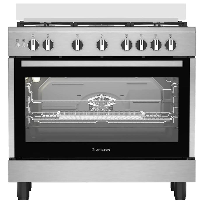 Stainless steel kitchen stove with glass door and Ariston logo on a white background