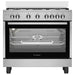 Stainless steel kitchen stove with glass door and Ariston logo on a white background