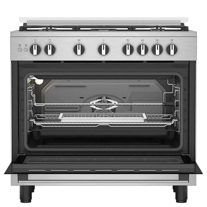 Stainless steel kitchen stove with open oven door on a white background