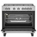 Stainless steel kitchen stove with open oven door on a white background