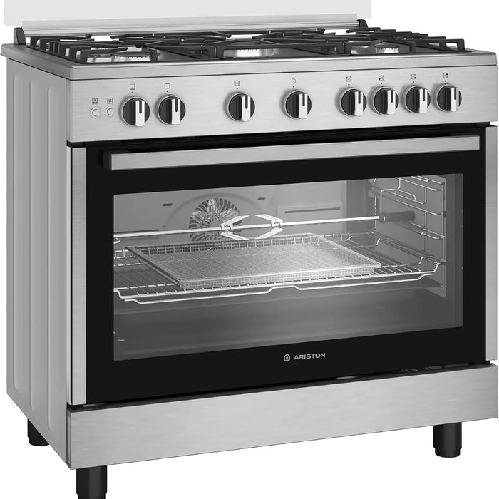 Stainless steel Ariston oven with open door on a white background