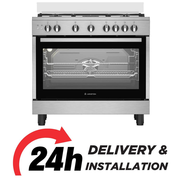 Ariston 90CM Gas Cooker | 5 Burners | Fan-Assisted Oven | Self-Cleaning | Auto Ignition | Safety Valve | Cast Iron Support | ARR9GGF22125XME EROS