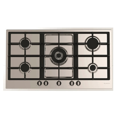 Stainless steel gas hob with five burners on a white background