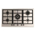 Stainless steel gas hob with five burners on a white background
