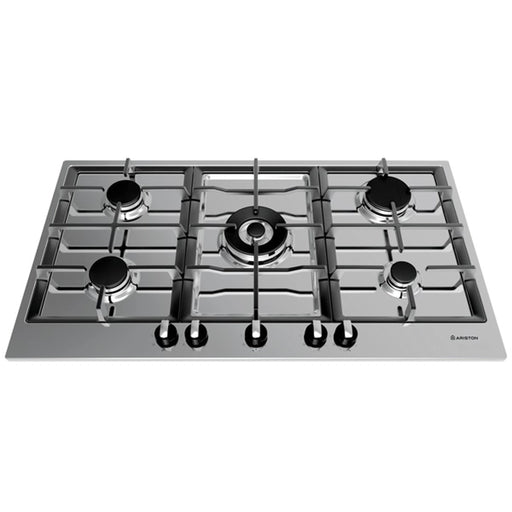 Stainless steel gas hob with five burners on a white background