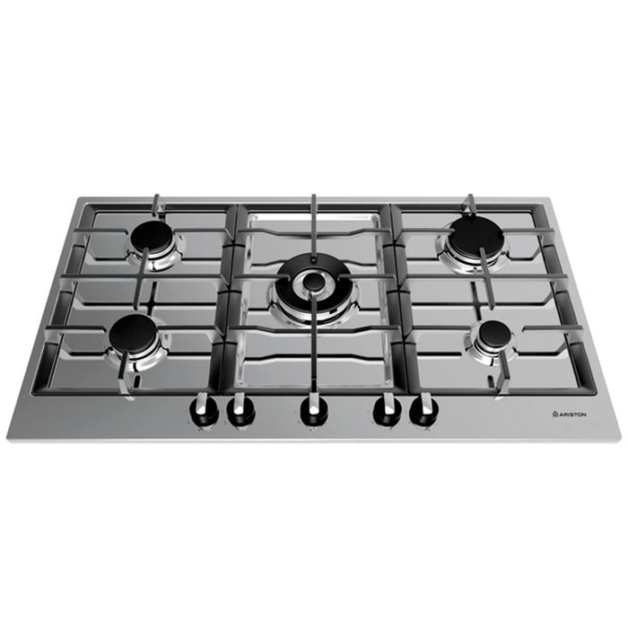 Stainless steel gas hob with five burners on a white background