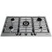 Stainless steel gas hob with five burners on a white background