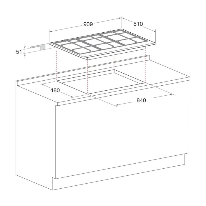 Technical drawing of a kitchen hood with dimensions labeled