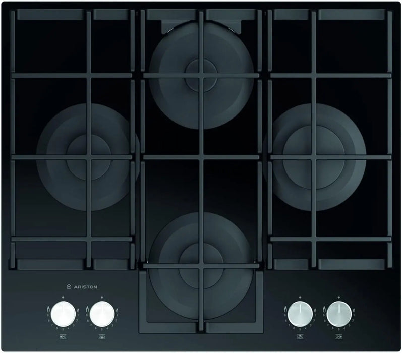 Ariston Built-In Gas Hob | 60x60cm | 4 Burners | Auto Ignition | 9 Flame Levels | Glass Top | Electronic Knob Control | Cast Iron Pan Support | Made in Italy |AGS61SBK